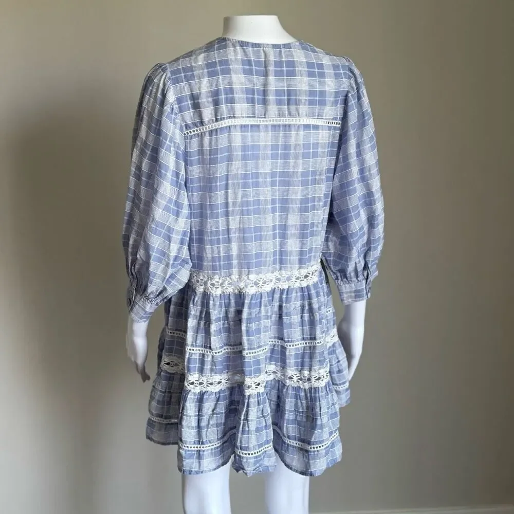 Free People Boho Lace Crotchet Plaid Puff Sleeve Top